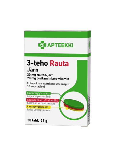 APTEEKKI 3-teho Rauta 30 mg rauta + 70 mg C-vitamiini 30 tabl