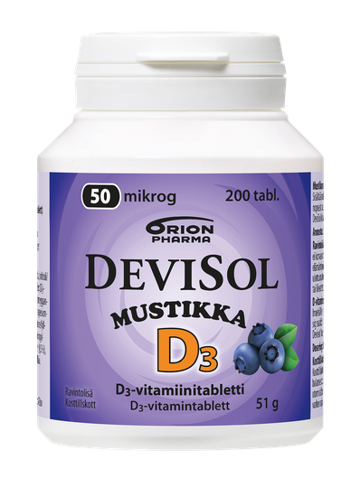 Devisol mustikka 50 mikrog 200 kpl imeskelytabtetti