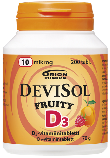 Devisol Fruity 10 mikrog 200 kpl imeskelytabletti